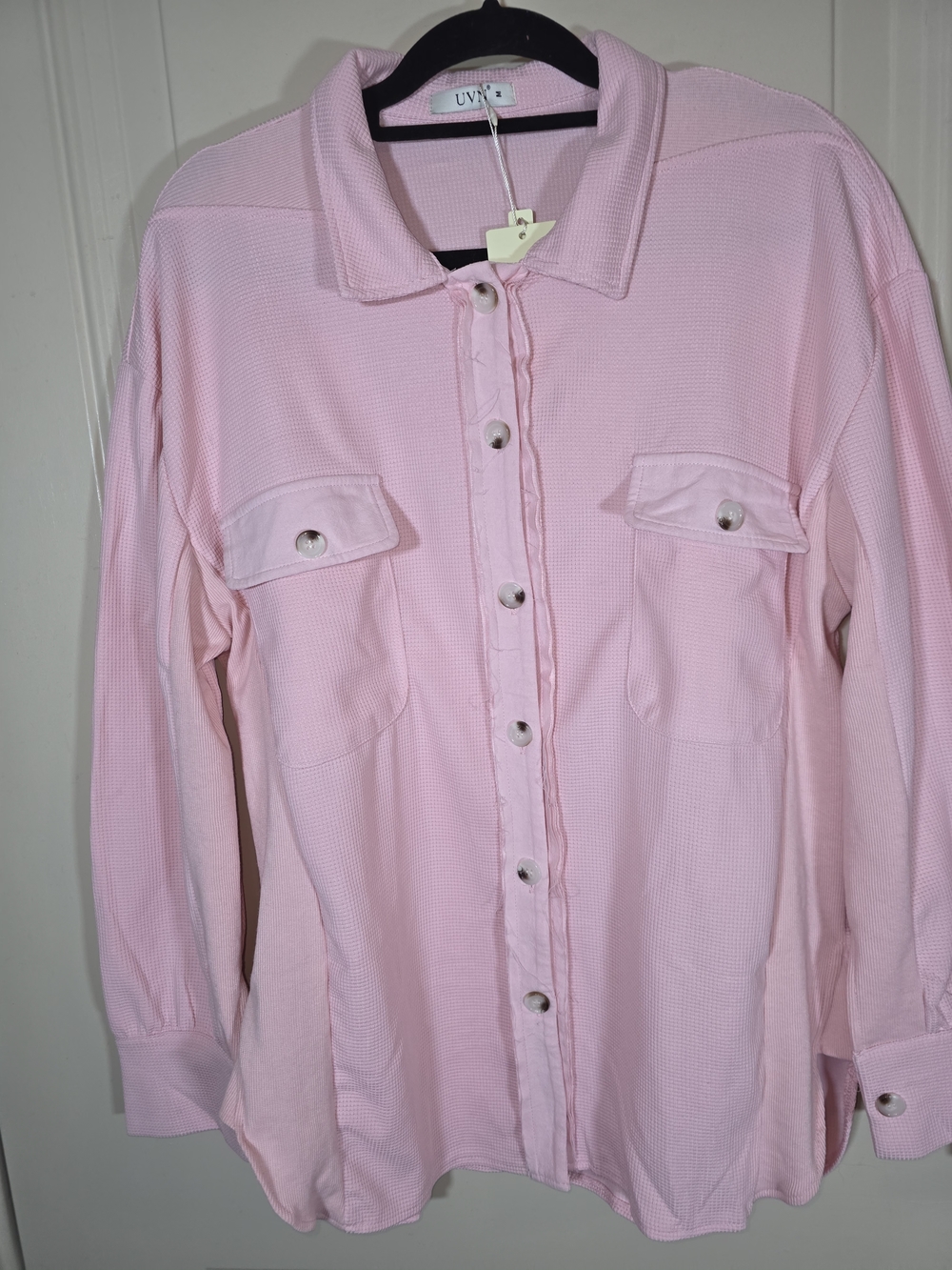 Pink Waffle Knit Shacket Oversized Button Down Shirt Jacket Soft Cozy Layering - Picture 7 of 10
